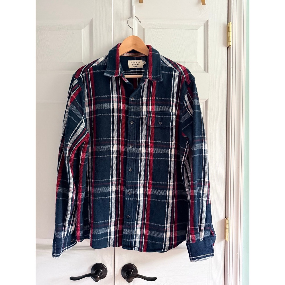 The Normal Brand Mens Flannel Plaid Button Down Shirt Navy Red White Size L